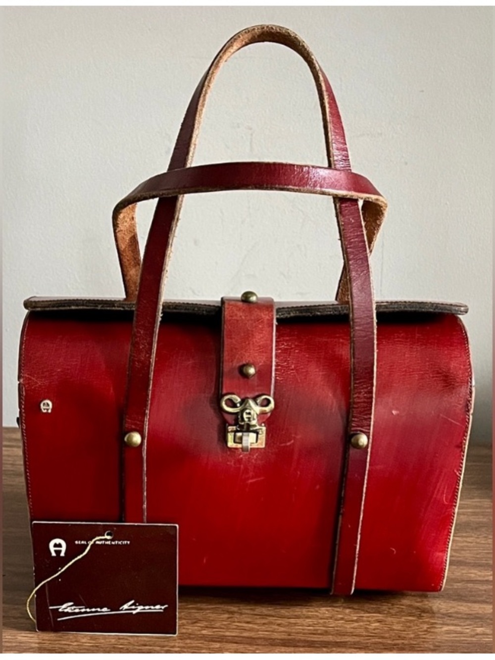 Vintage 50s Etienne Aigner ‘Antic Red’ Leather Turnlock Satchel w/ Original Tags